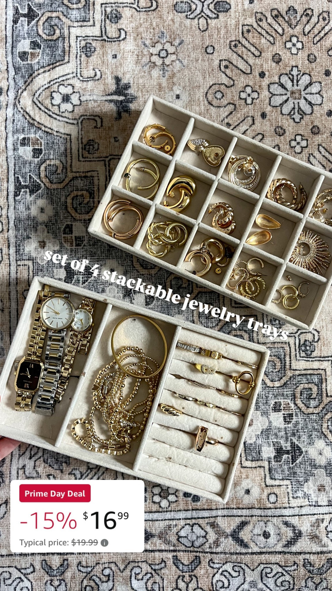 Set of 4 stackable jewelry trays to organize your items // sections can be customized, I keep this in my top dresser drawer. 

Amazon prime, Amazon deals, Amazon prime day, home, home organization, jewelry organizer, home finds, organization 

#LTKHome #LTKFindsUnder50 #LTKSaleAlert