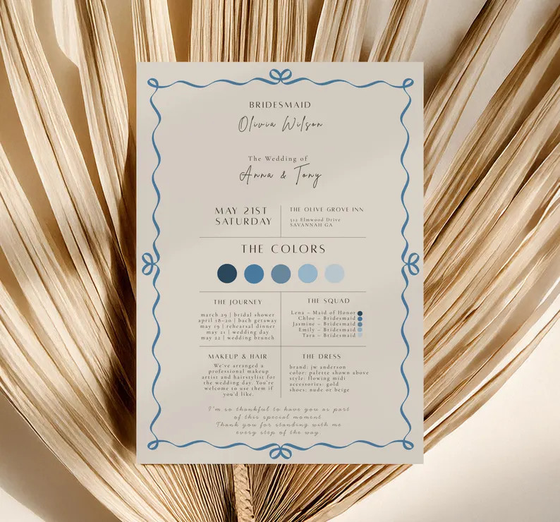 Whimsical Bridesmaid Info Card Template | Bow Border Wedding Details Color Scheme | 5x7 Editable ... | Etsy (US)