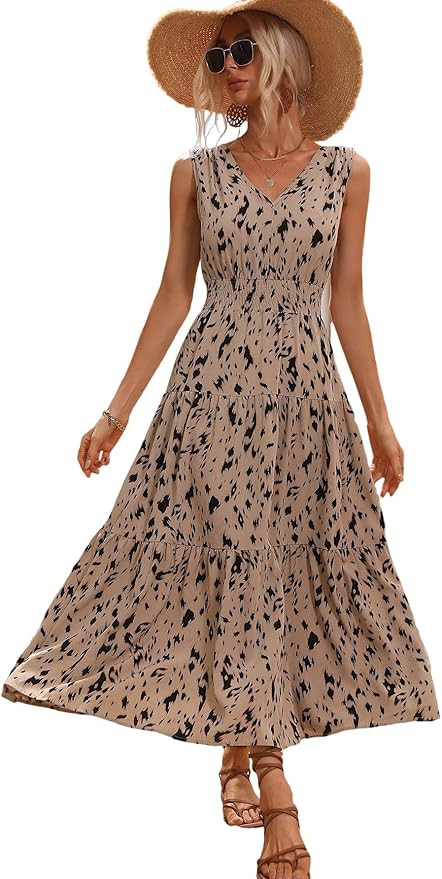 Verdusa Women's Tie Back Sleeveless V Neck Printed Ruffle Hem A Line Swing Long Dress | Amazon (US)