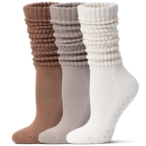 Toetally Pilates Socks with Grips for Women Long Slouch Non-Slip Yoga Barre Cushioned Workout Scrunch Socks 3 Pairs | Amazon (US)