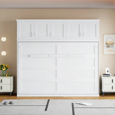 Queen Murphy Wall Bed with Top Cabinets, White — Space-Saving Wall-Mounted Storage Bed | Wayfair North America