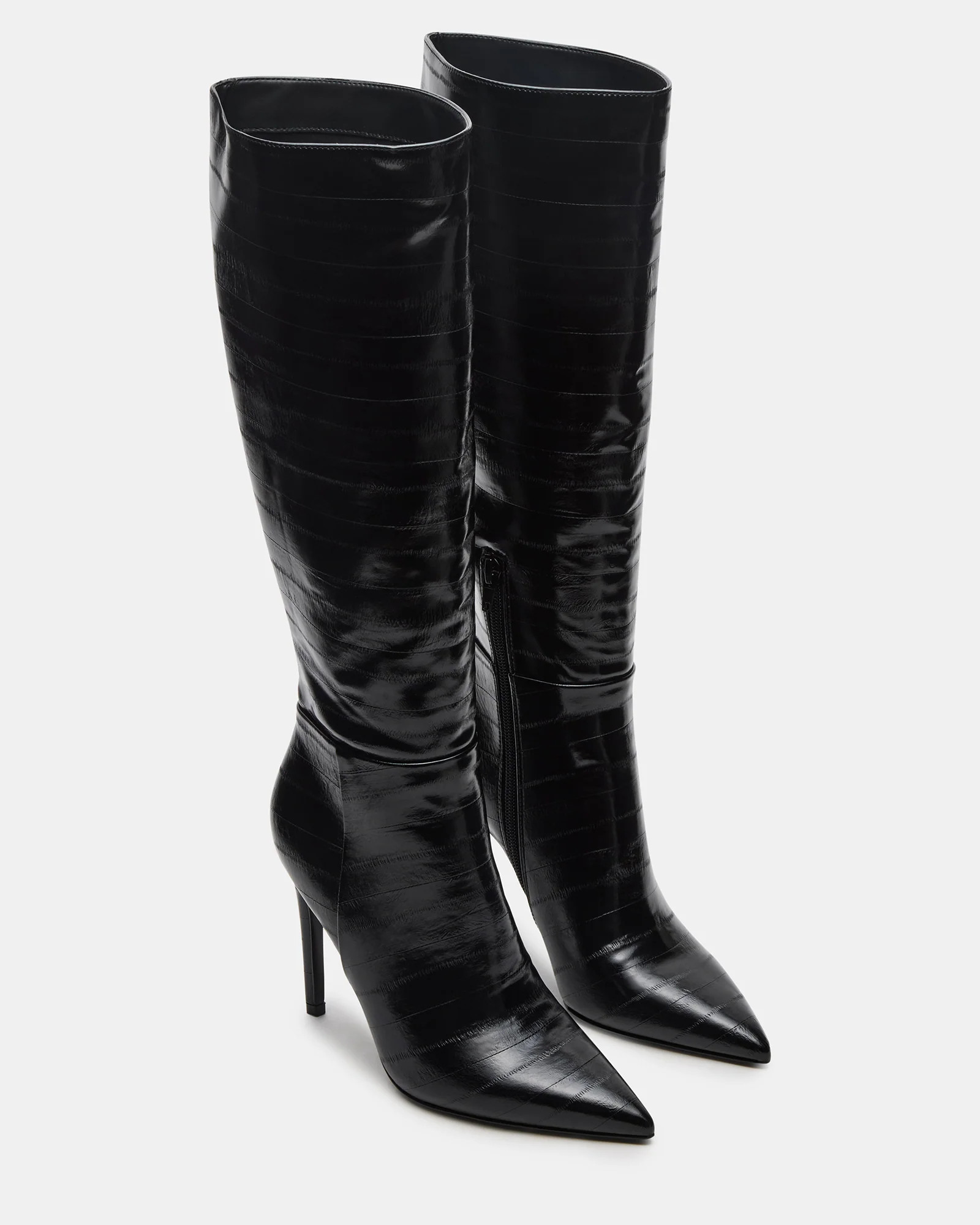 NITRO Black Eel Wide Calf Pointed-Toe Stiletto Heel Knee-High Women's Boots | Steve Madden (US)