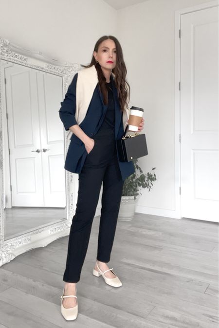 Navy blue blazer with black pants, beige sweater on shoulders and Mary janes slingback shoes ☕️💙

Navy blazer, blue blazer, blazer outfit, cool blazer, navy blazer outfit, casual chic outfit, Parisian style outfit, slingback shoes, beige slingback shoes, beige Mary janes shoes, Parisian style shoes, cute work outfit, cute office outfit, prepster 

#LTKshoecrush #LTKworkwear #LTKstyletip