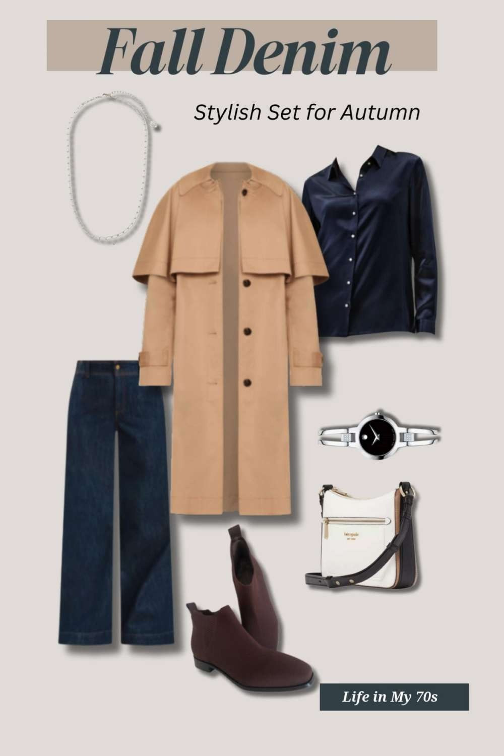 🍁 Elegant & Effortless Fall Casual 🍁
This look blends sophistication with everyday ease. A timeless camel trench coat layers beautifully over a deep navy satin blouse and wide-leg denim, creating a chic balance of classic and modern. #fall #fallcasual  

 #LTKSeasonal #LTKU #LTKOver40