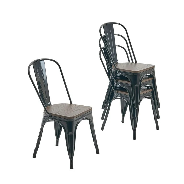 Nazhura Metal Dining Chair 4 Pieces Adult Farmhouse Tolix Style Metal/Wood Stackable Black | Walmart (US)