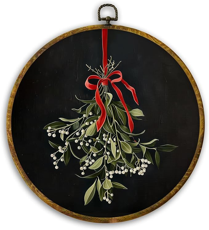 CUANFDDSF Vintage Christmas Mistletoe Round Wall Art Decor, Xmas Holiday Red Bow Mistletoe Botani... | Amazon (US)