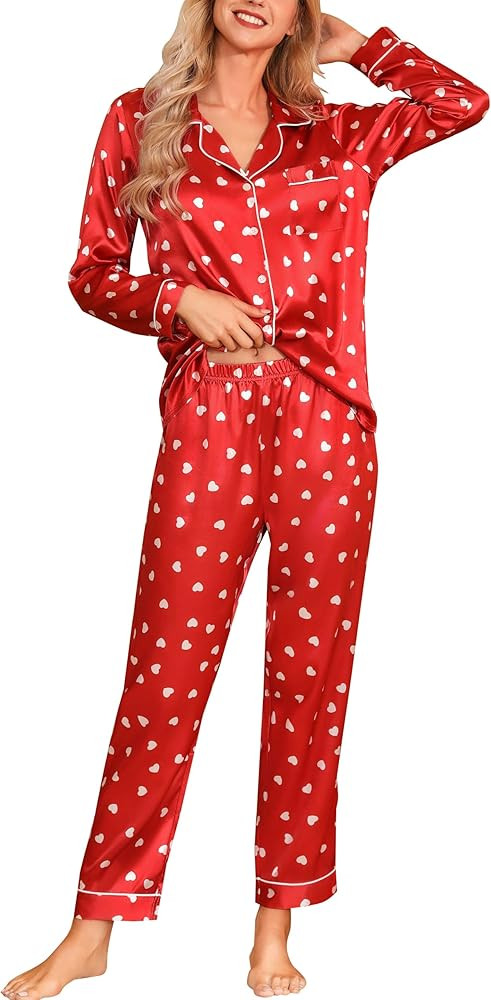 Samring Women's Silk Satin Pajamas Set Long Sleeve Button Down Sleepwear 2 Piece Pjs Lounge Set S... | Amazon (US)