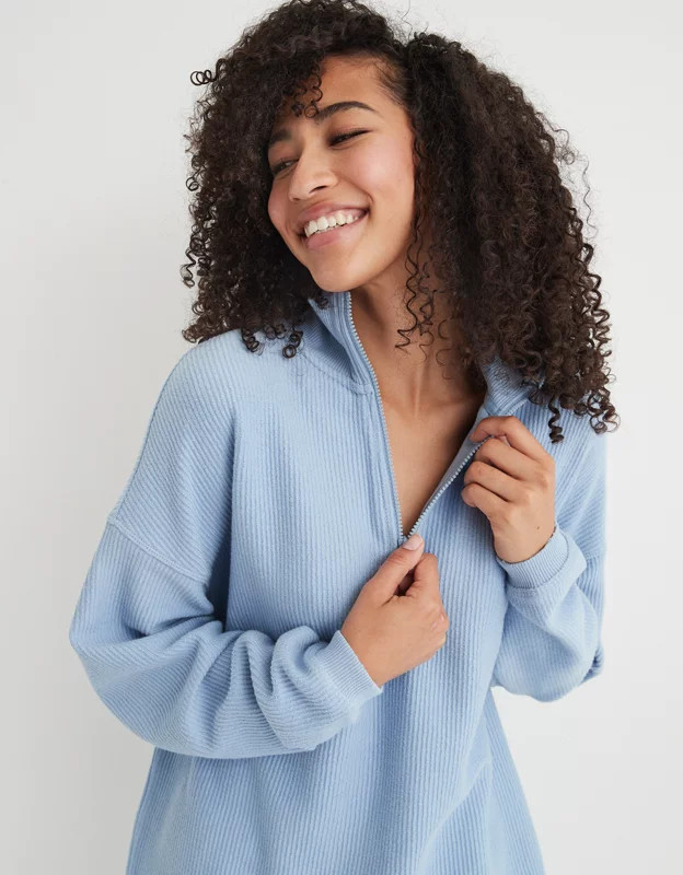 Aerie Good Vibes Corded Oversized Quarter Zip Sweatshirt | American Eagle Outfitters (US & CA)