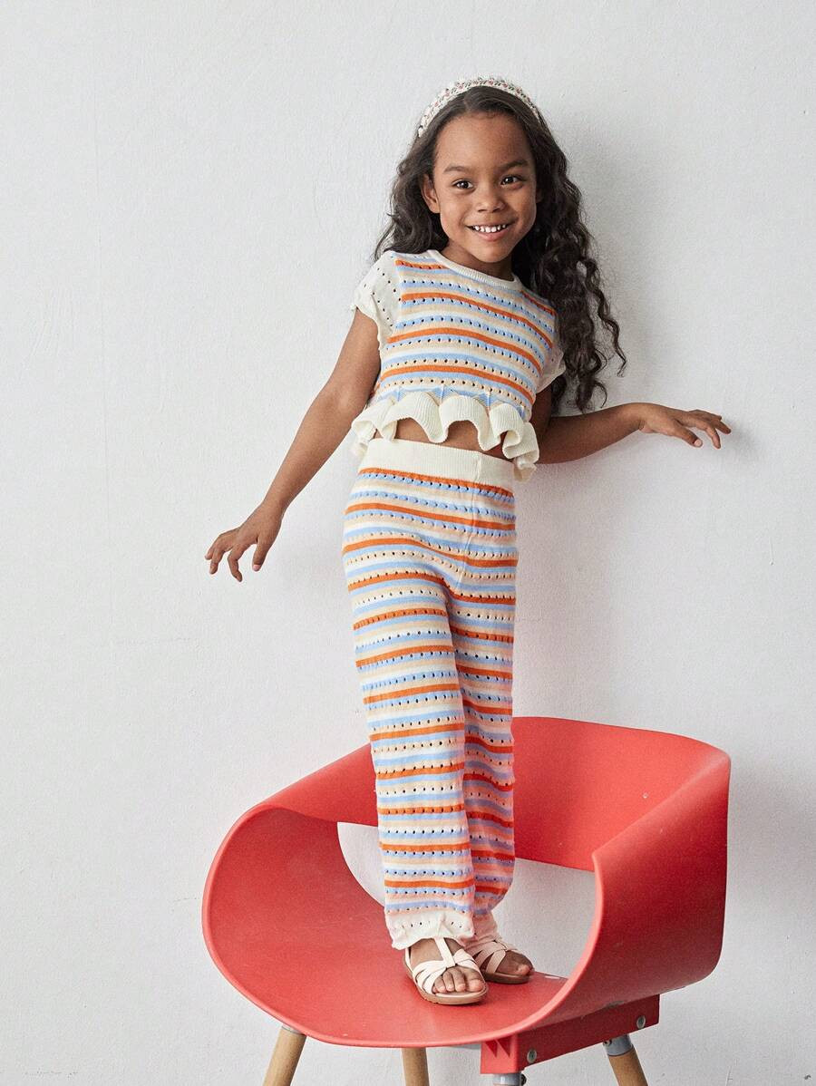 Maija 2pcs/Set Young Girl Casual Short Sleeve T-Shirt And Flared Pants Knit Outfit | SHEIN