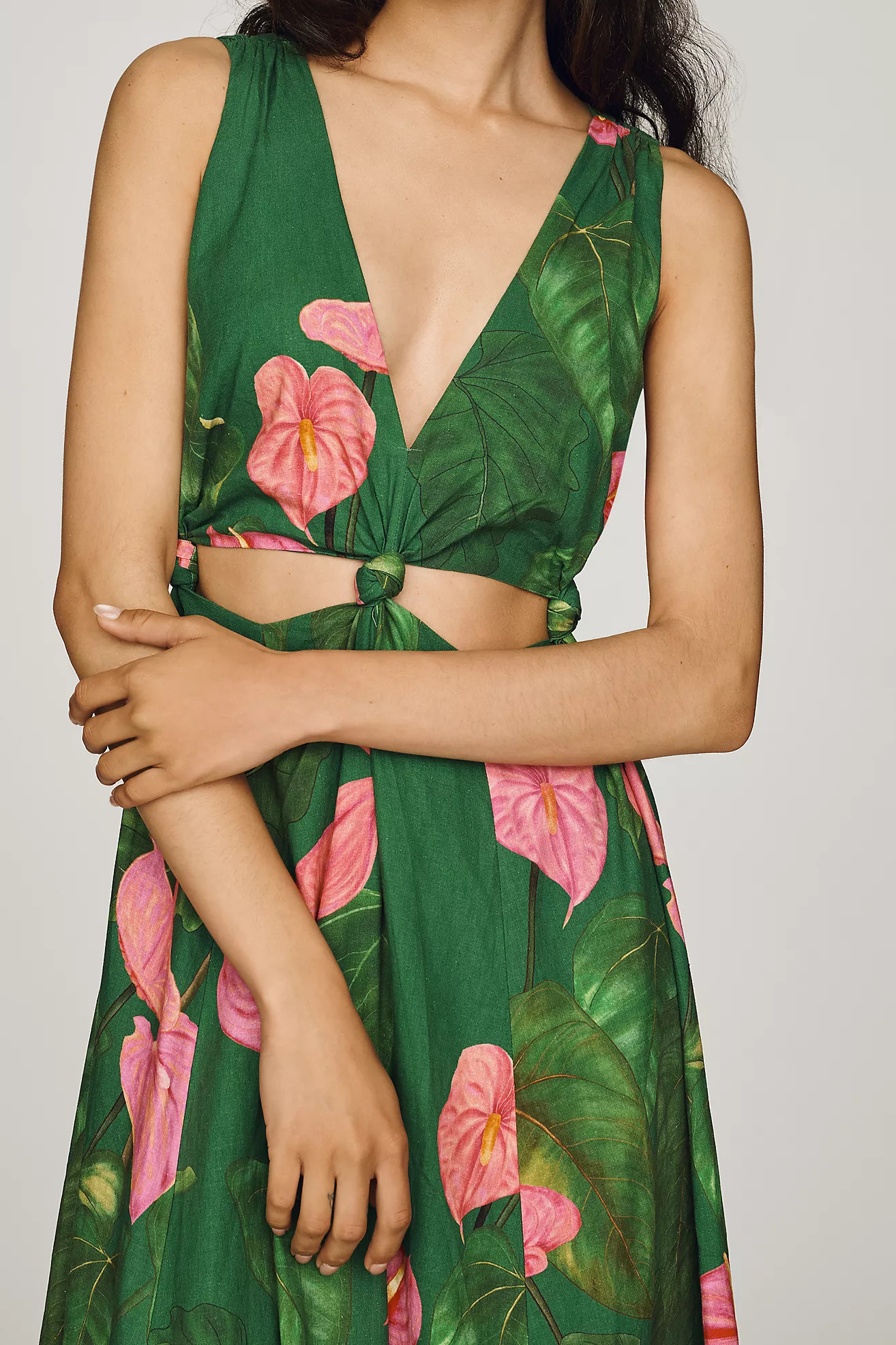 Farm Rio x Anthropologie Linen Blend V-Neck Cutout Midi Dress | Anthropologie (US)