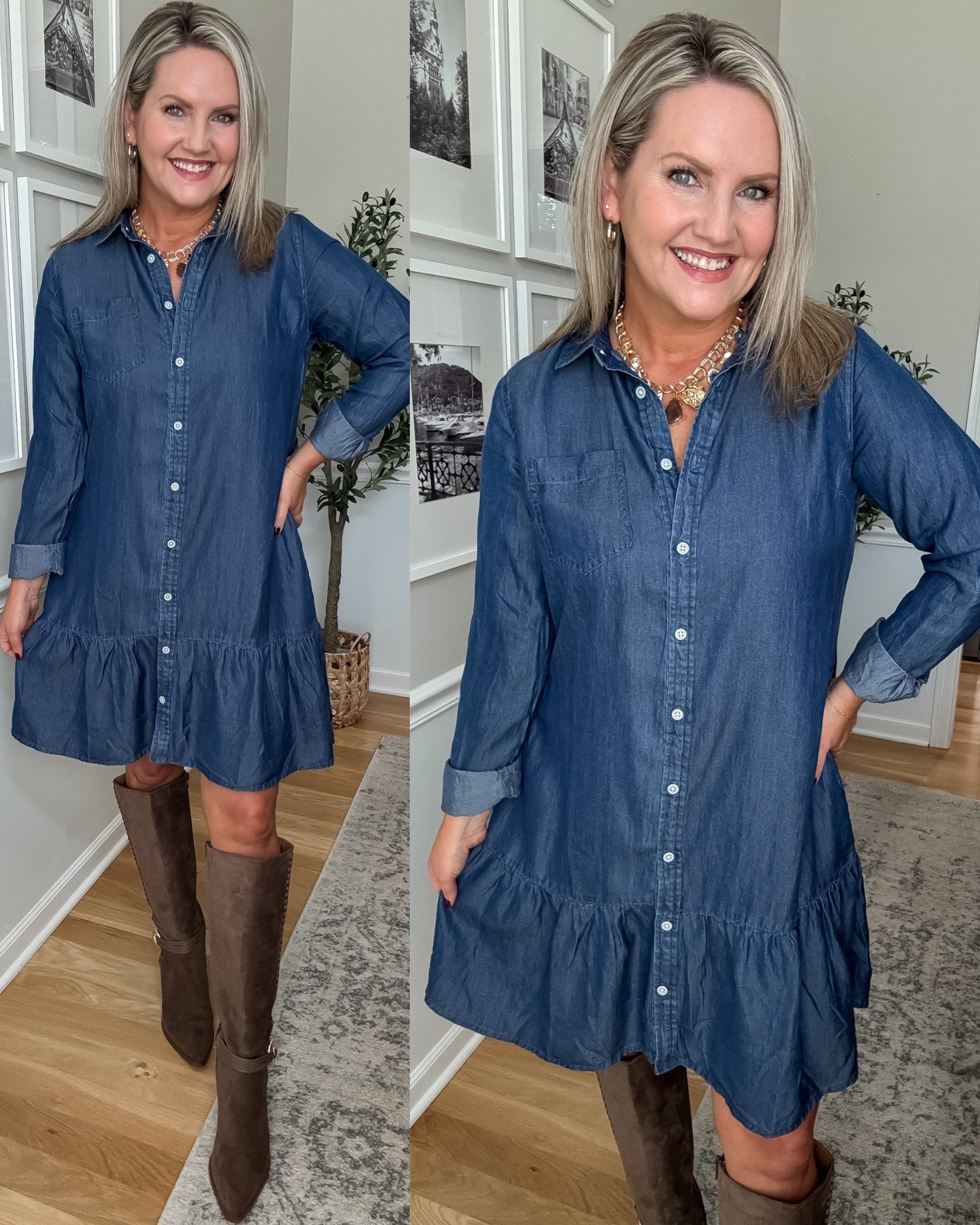 Chambray shirt dress on clearance for under $10?!! I’m in small, runs roomy and has great length! 
Walmart fashion 
Fall outfit 
Tall boots 
Fall dress 


#LTKSeasonal #LTKFindsUnder50 #LTKSaleAlert