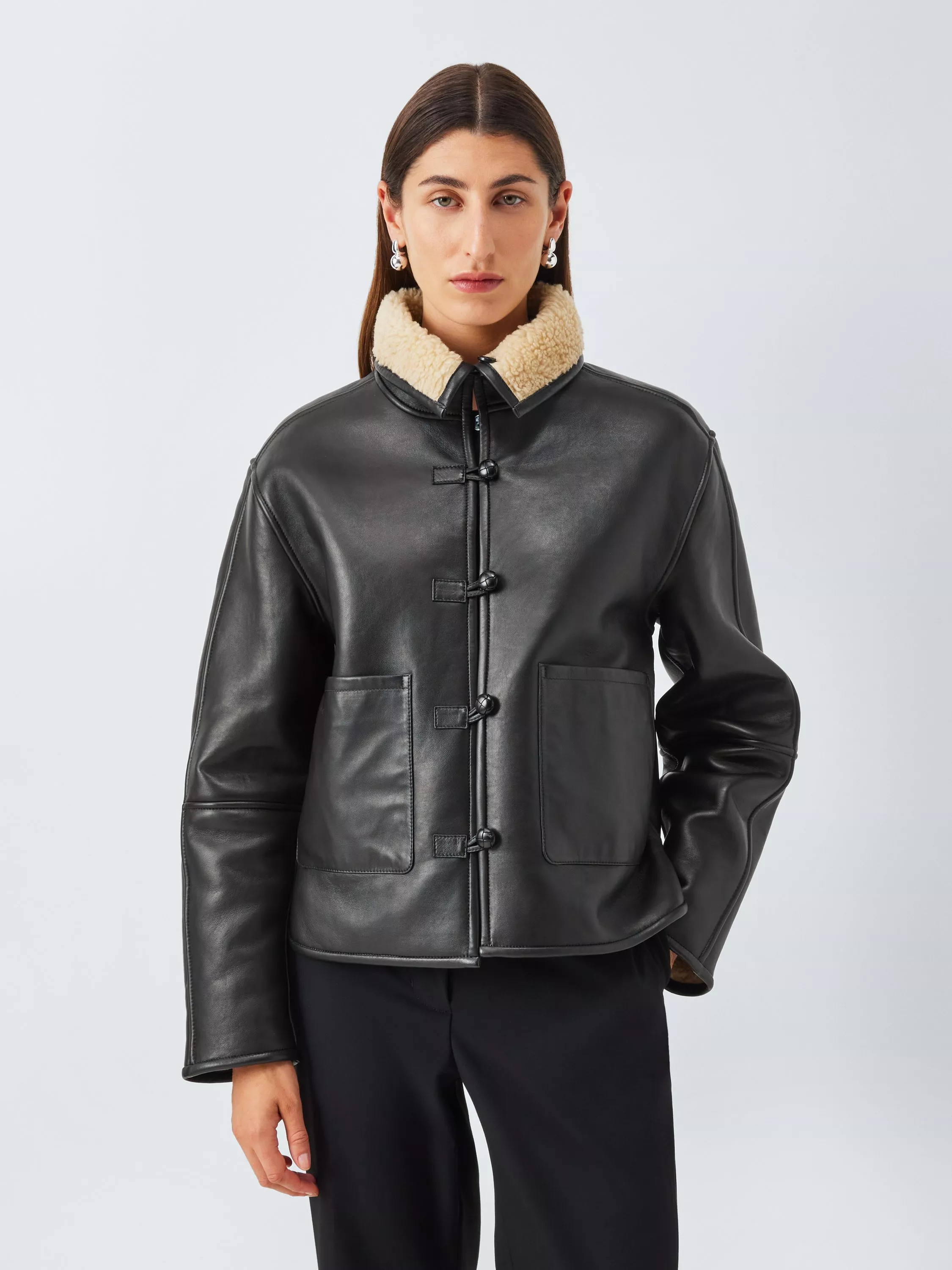 John Lewis Reversible Real Leather and Faux Shearling Jacket, Black/Beige | John Lewis (UK)