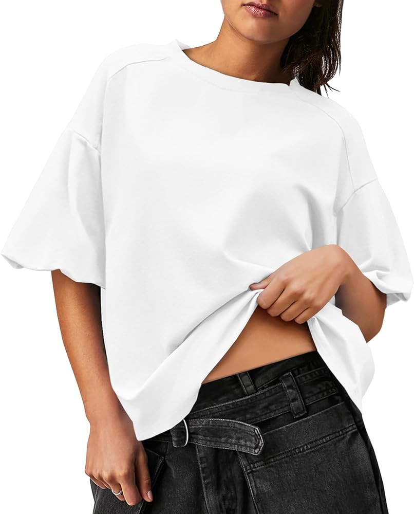 Imily Bela Womens Short Puff Sleeve Tops Casual Summer Loose Fit Crew Neck T Shirts | Amazon (US)