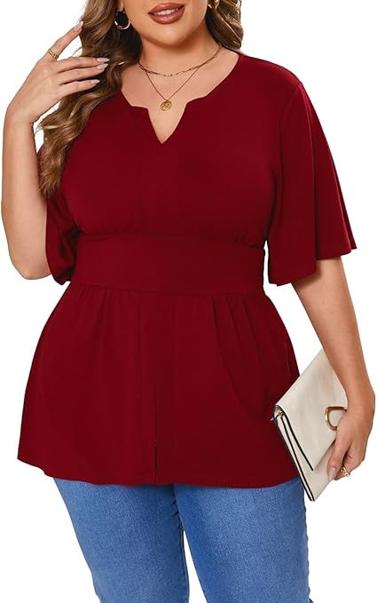 Beauhuty Women's Plus Size Shirts V Neck Loose Tops Ruffle Short Sleeve Blouse Casual Work Trendy... | Amazon (US)