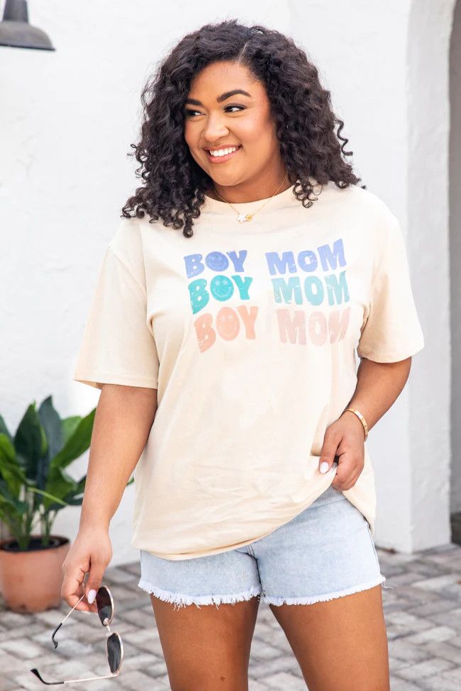 Boy Mom Repeat Smiley Ivory Oversized Graphic Tee | Pink Lily