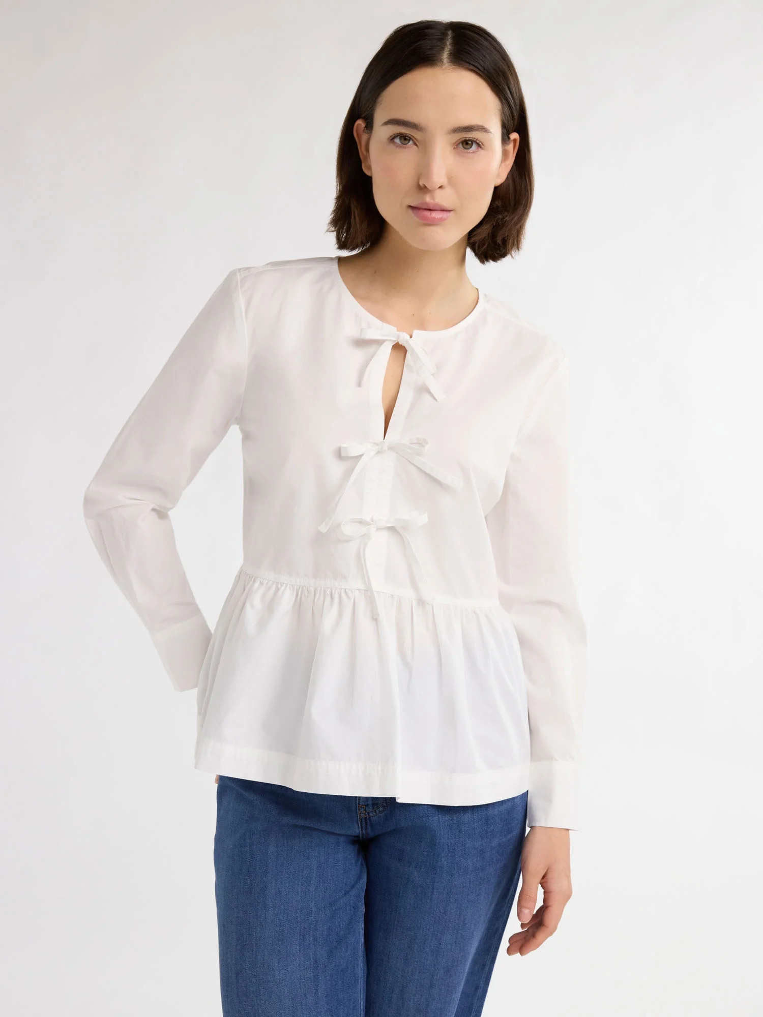 Free Assembly Women’s Cotton Bow Front Top with Long Sleeves, Sizes XS-XXXL | Walmart (US)