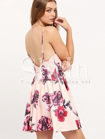 http://www.shein.com/Pink-Spaghetti-Strap-Backless-Floral-Print-Flare-Dress-p-224432-cat-1727.html | SHEIN