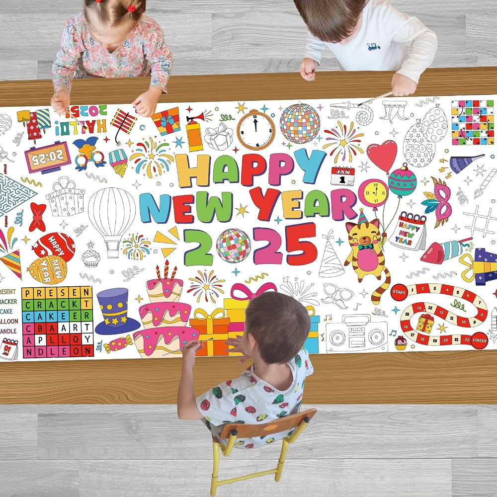 YQUQWN Giant Happy New Year 2025 Coloring Poster - 35.5×72 Inch Disco Ball Poster Tablecloth - H... | Amazon (US)