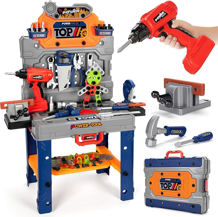 Kids Tool Bench Set with Electric Drill and Realistic Tools, Construction Workbench Playset Toy f... | Amazon (US)