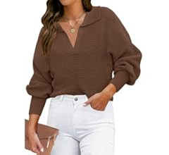 ZESICA Women's 2023 Fall Lapel Collar V Neck Long Sleeve Ribbed Knit Comfy Loose Casual Pullover ... | Amazon (US)