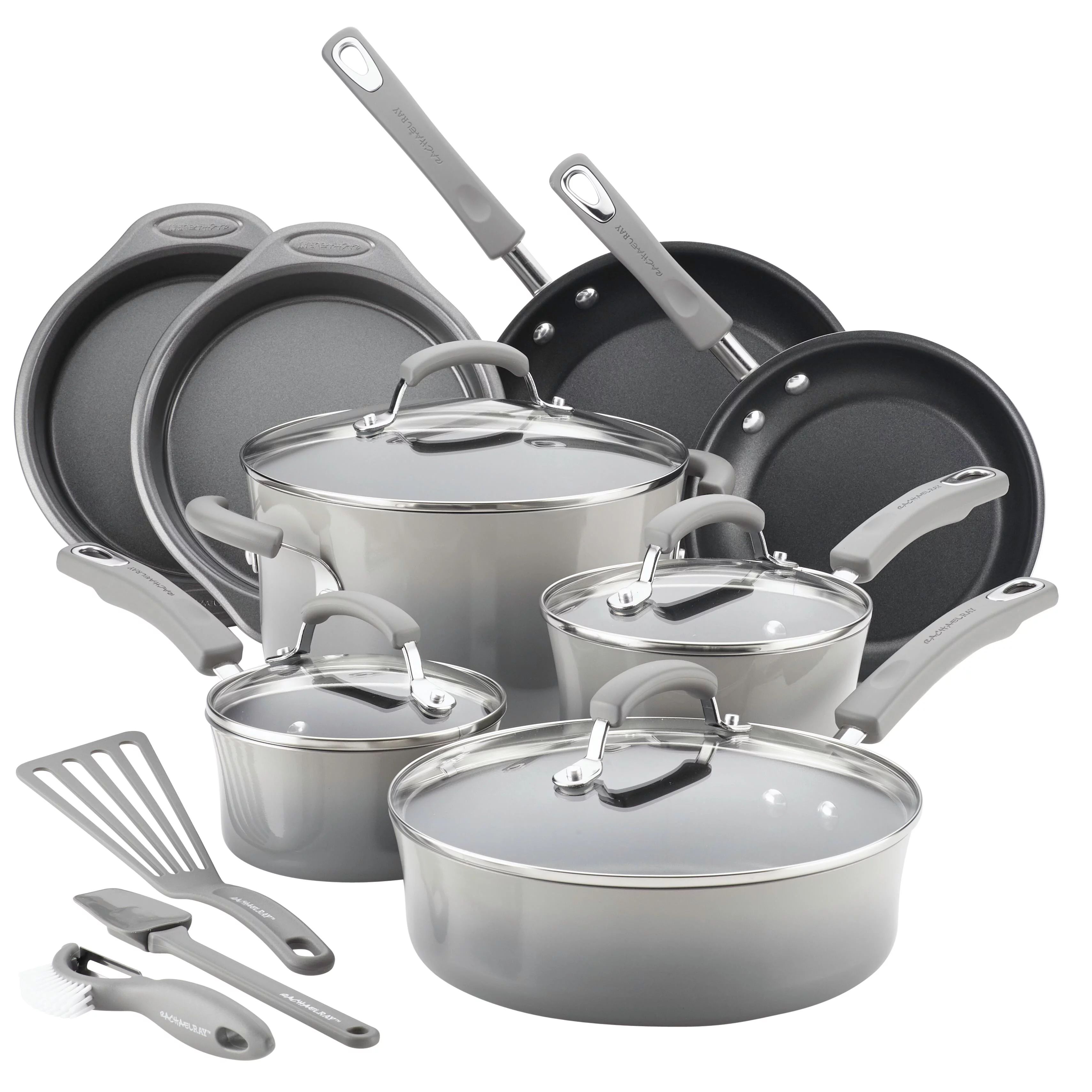 Rachael Ray 15-Piece Hard Enamel Aluminum Nonstick Cookware Set, Gray - Walmart.com | Walmart (US)