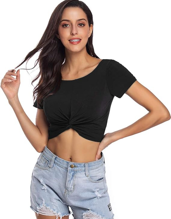Womens Short Sleeve Twist Knot Front Backless Summer Basic Crop Top Tshirt | Amazon (US)