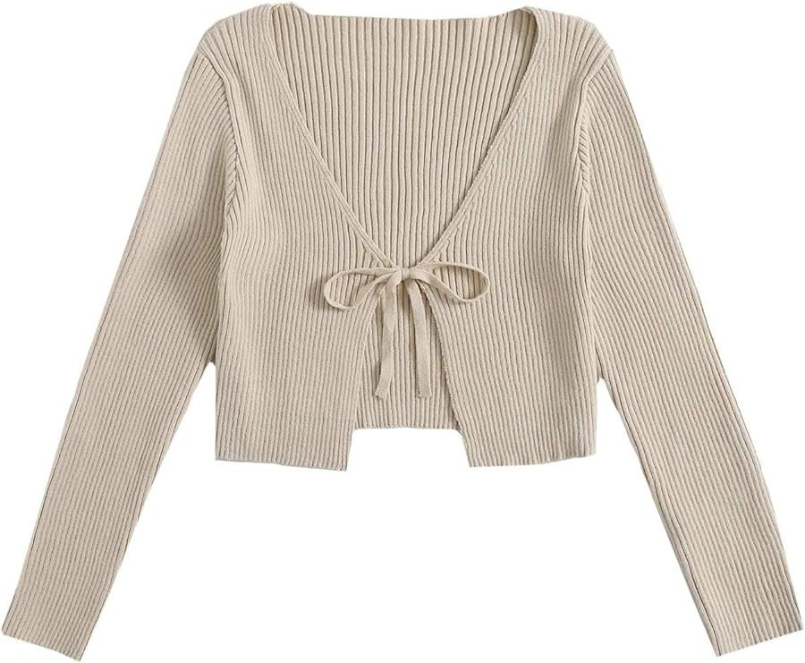Floerns Women's Tie Front Long Sleeve Rib Knit Shrug Sweaters Cardigan Crop Top | Amazon (US)