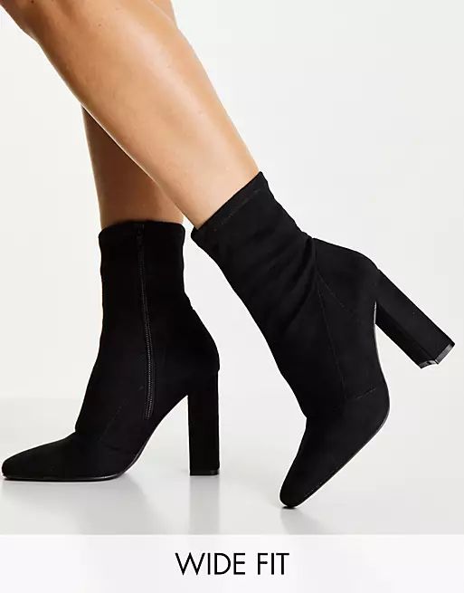 ASOS DESIGN Wide Fit Effect block heel sock boots in black | ASOS (Global)