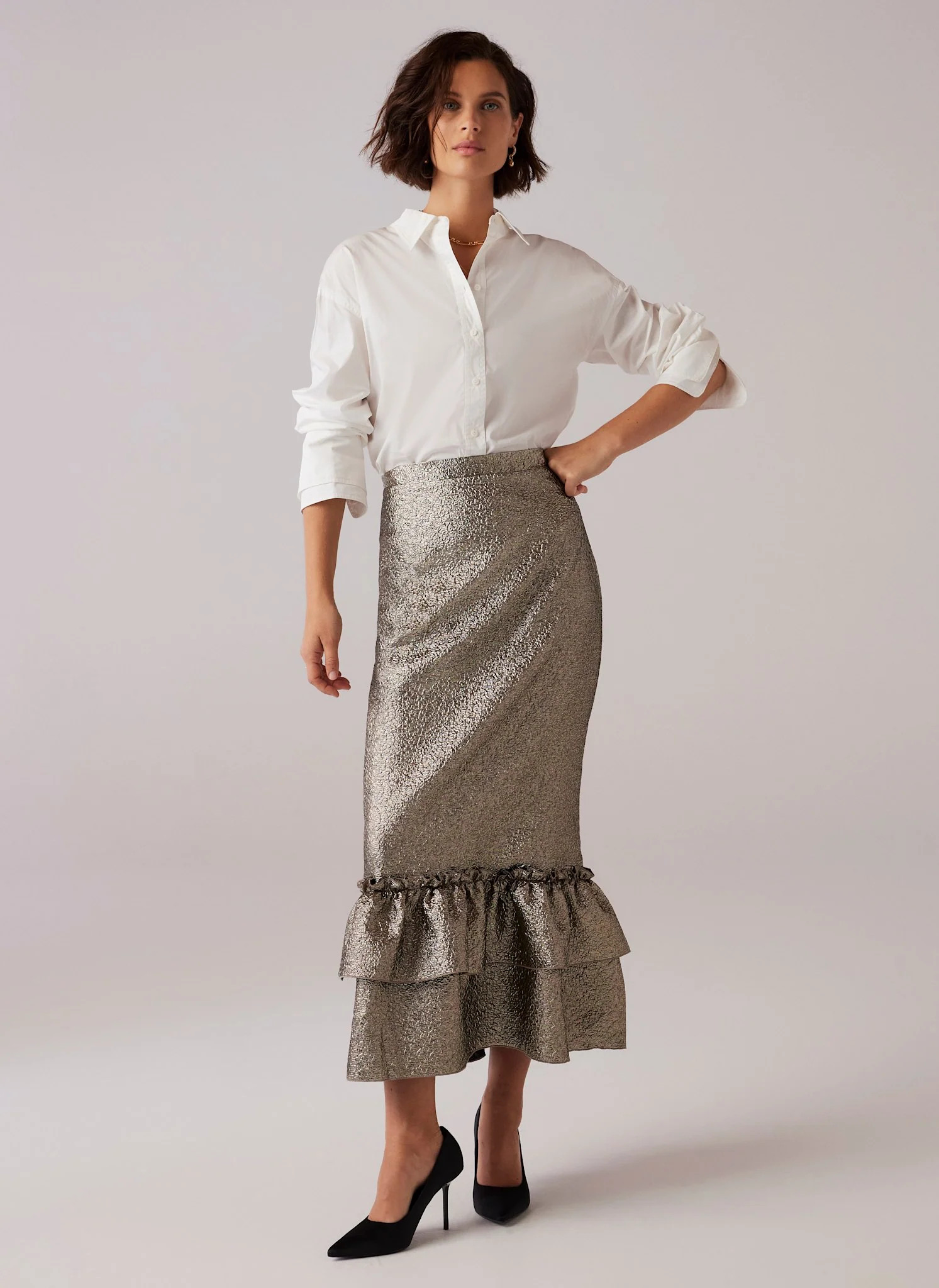 Gold Metallic Ruffle Hem Midi Skirt | Mint Velvet