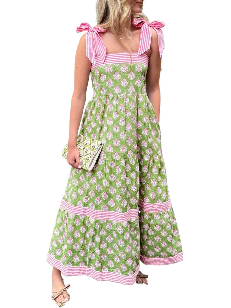 Boho Beach Vacation Maxi Dress \u2013 Women's Sleeveless Green Floral Dress for Wedding Guest Out... | Walmart (US)