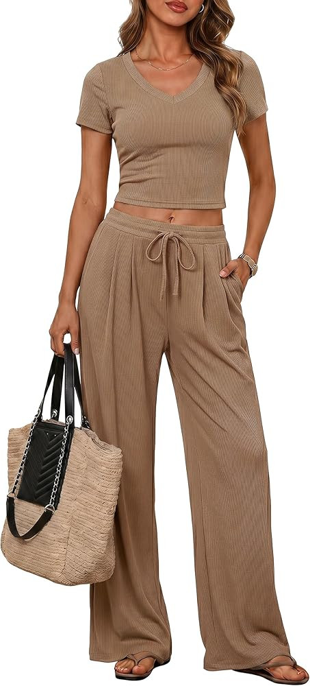 PRETTYGARDEN 2 Piece Sets for Women Summer 2026 Spring Lounge Set Matching V Neck Tops Wide Leg P... | Amazon (US)