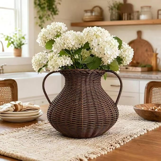 Double Handle Handwoven Rattan Vase, Nordic Farmhouse Wicker Pot for Dried Fresh Flower Table Dec... | Amazon (US)