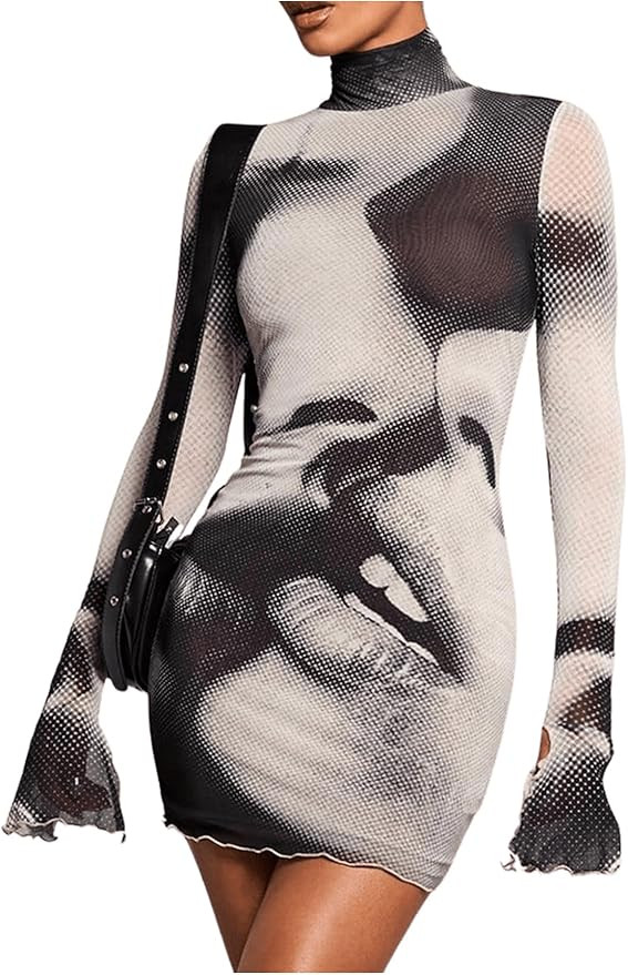 SOLY HUX Women's Graphic Print Bodycon Mini Dress Turtleneck Long Sleeve Pencil Dresses | Amazon (US)