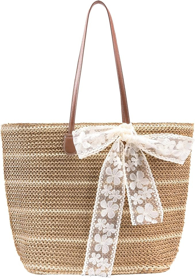 Straw Beach Tote Bag for Women - 2026 Large Handwoven Summer Vacation Purse Zipper for Travel Sho... | Amazon (US)