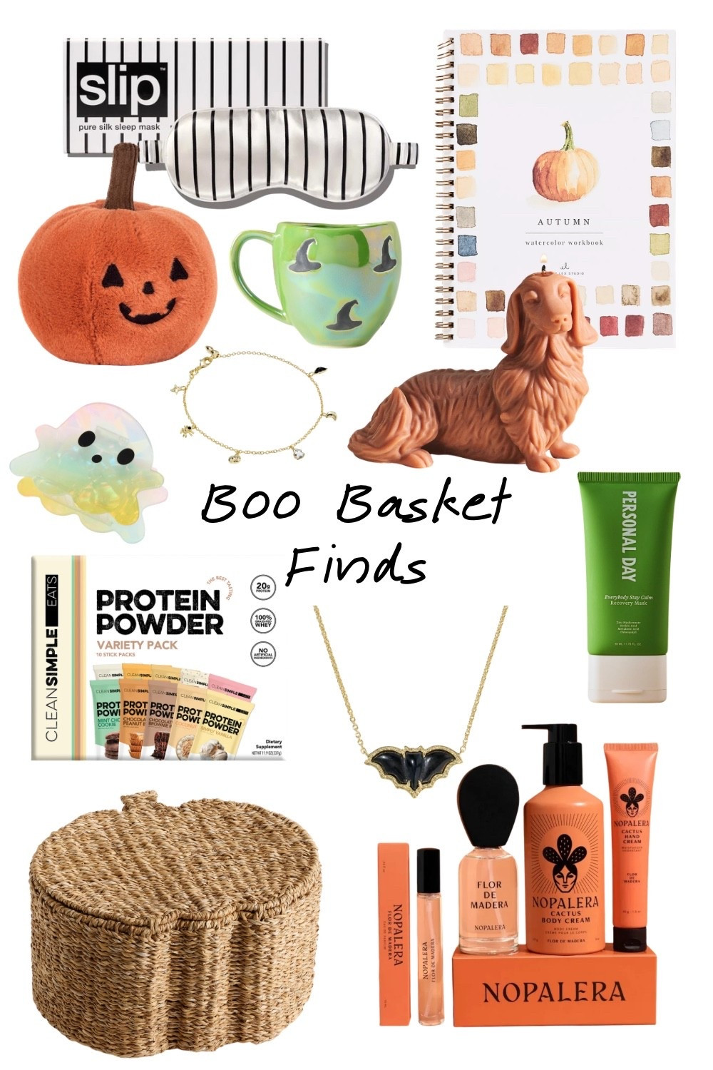 Cozy boo basket ideas in a woven seagrass pumpkin basket with a lid, which is the container and the gift at the same time. Nopalera Flor de Madera cactus body cream, hand cream, and perfume set is the splurge and the packaging is gorgeous. Slip pure silk sleep mask, Personal Day recovery body mask, and an autumn watercolor workbook for the self care side. Dachshund shaped pumpkin candle, green witch hat mug, plush jack o lantern, iridescent squishy ghost toy, bat necklace, and a spider charm bracelet. Clean Simple Eats protein powder variety pack for snacks. Good fall gift basket ideas for her if she likes cozy more than spooky.

#LTKGiftGuide 
#boobasketideas #cozyfall #fallgifts #slipsilk #selfcaregift

#LTKBeauty #LTKSeasonal