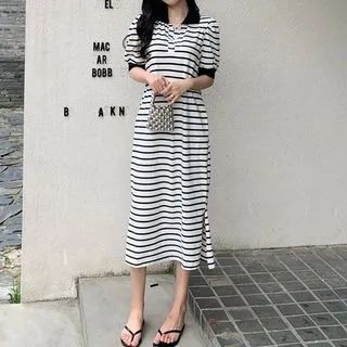 Short-Sleeve Striped Midi Polo Shirt Dress Stripes - Black & White - One Size | YesStyle Global