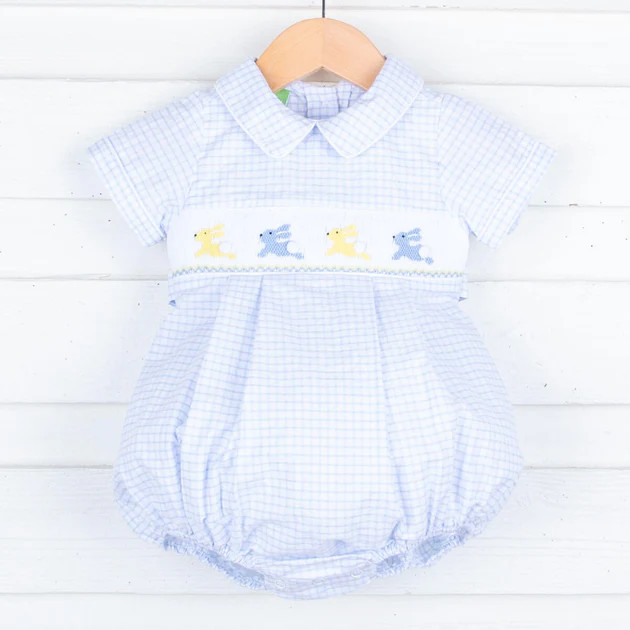 Bunny Hop Smocked Blue Windowpane Bubble | Classic Whimsy