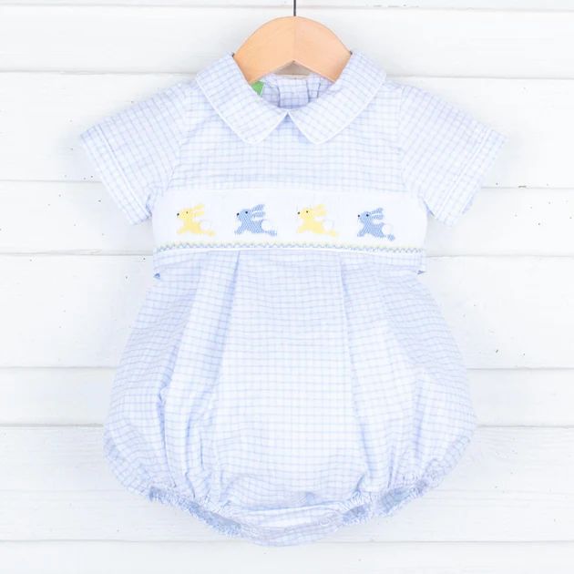 Bunny Hop Smocked Blue Windowpane Bubble | Classic Whimsy