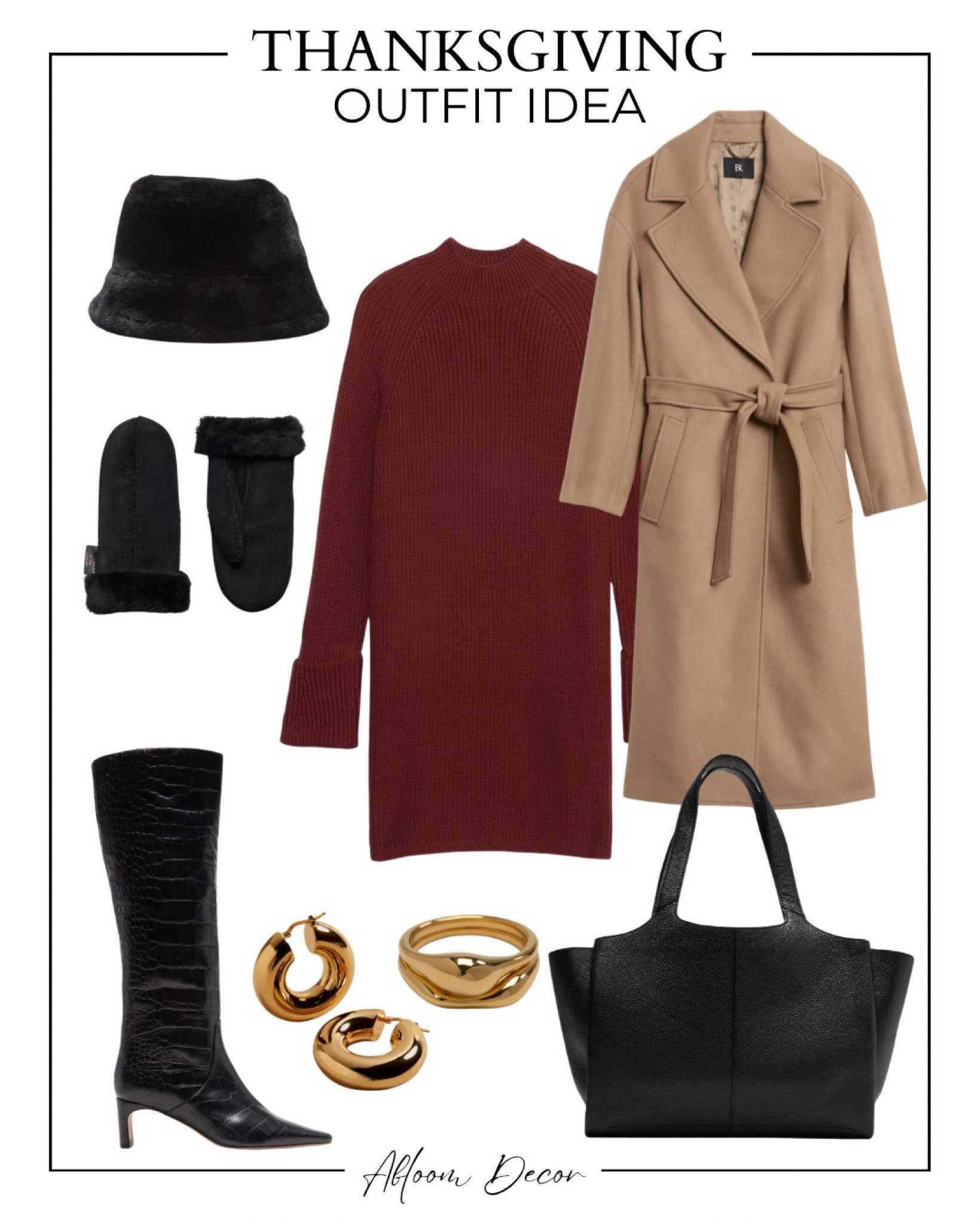 This Thanksgiving outfit idea is chic and cozy, perfect for a fall gathering. The warm burgundy sweater dress pairs beautifully with a classic camel coat, black knee-high boots, and gold accessories, creating a sophisticated yet comfortable look ideal for the holiday season.

#LTKStyleTip #LTKItBag #LTKShoeCrush