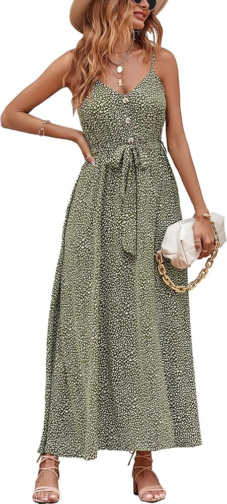 KIRUNDO Women's Summer Boho Spaghetti Straps V Neck Leopard Print Maxi Dress Sleeveless Belted Slit  | Amazon (US)