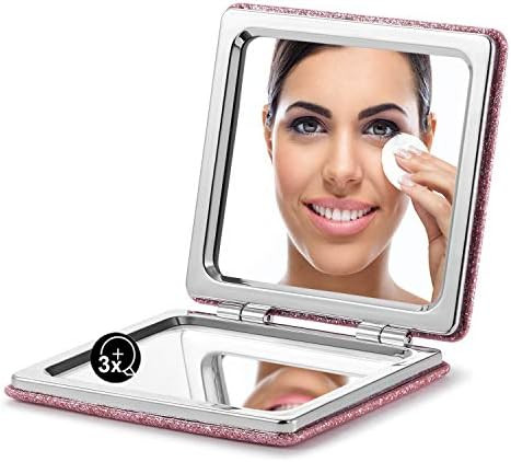 OMIRO Compact Mirror, Glitter PU 1X/3X Magnification, Ultra Portable for Purses (Pink) | Amazon (US)