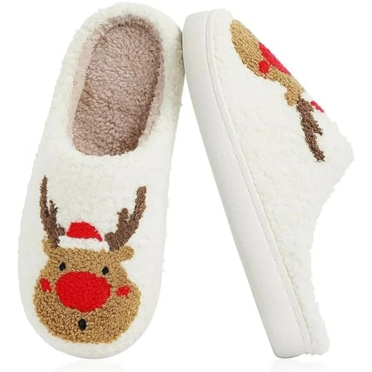 BERANMEY Christmas Reindeer Slippers for Womens Mens Plush Warm Santa Claus Slippers Fuzzy House ... | Walmart (US)