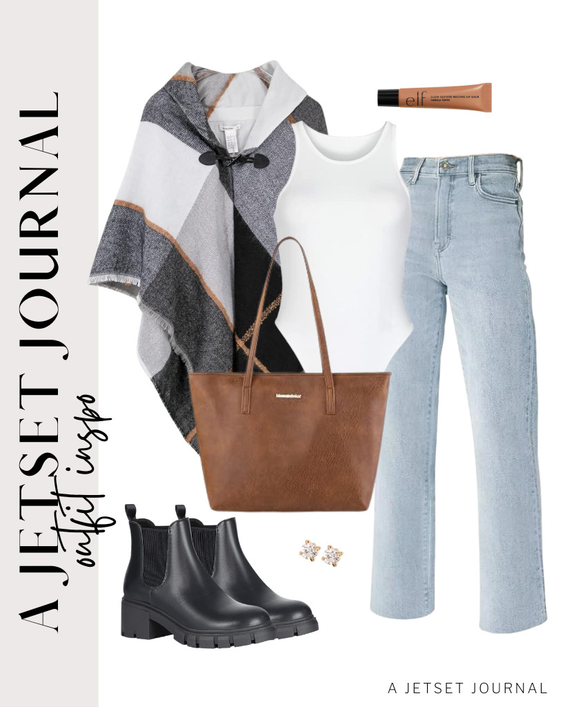 We love this front poncho worn over the REORIA sleeveless bodysuit and KDF straight-leg jeans. These slip-on Chelsea ankle boots go well with this fit, too! Finish the look with these stud earrings and the Montana West City tote bag. 

 #LTKSeasonal #LTKSaleAlert #LTKTravel