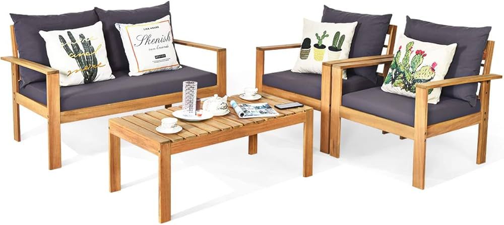 Tangkula Outdoor 4-Piece Acacia Wood Chat Set, 4 Seater Acacia Wood Conversation Sofa and Table Set  | Amazon (US)