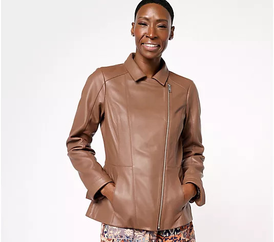 Denim & Co. Lamb Leather Moto Jacket with Pockets | QVC