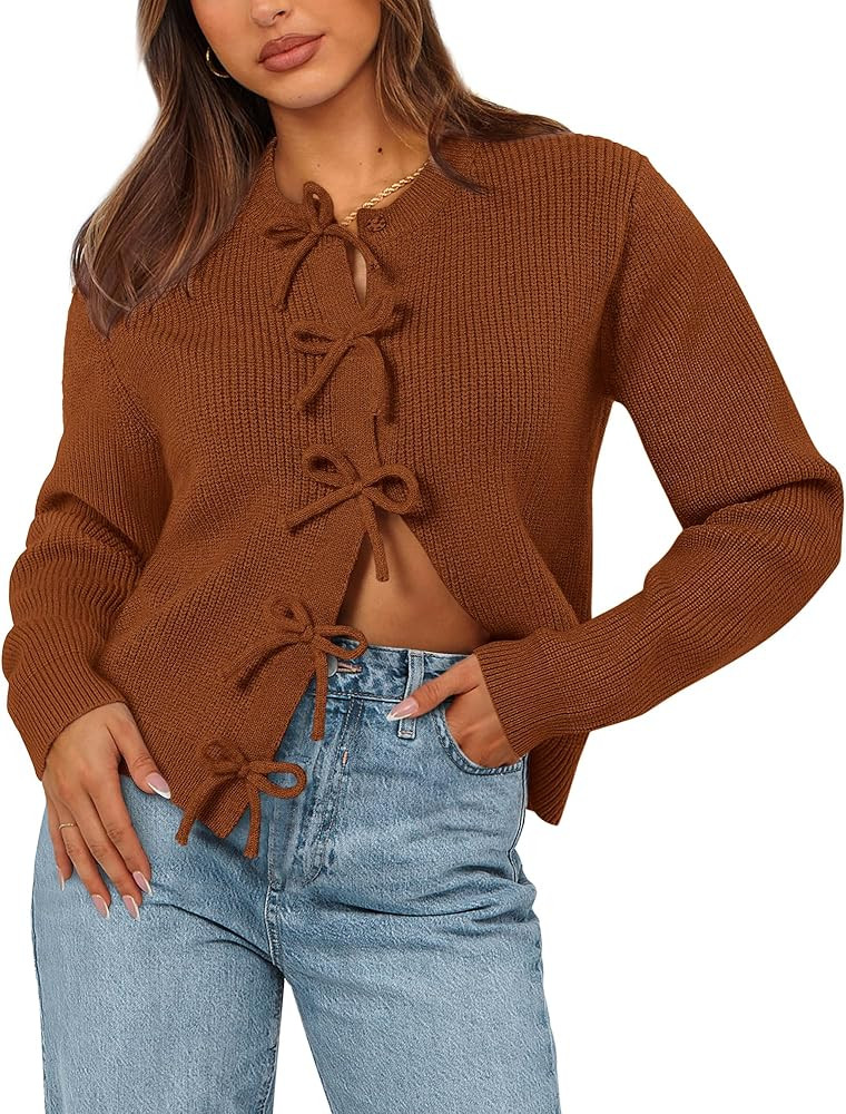 BTFBM Cardigan Sweaters for Women Trendy 2025 Fall Open Front Long Sleeve Button Down Bow Knot Cr... | Amazon (US)