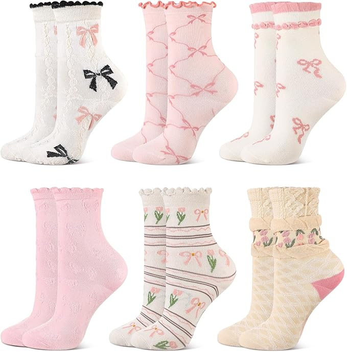 6 Coquette Bow Socks Women Cute Ruffle Ankle Mid Tube Flower Sock Lace Cottagecore Girly Coquette... | Amazon (US)