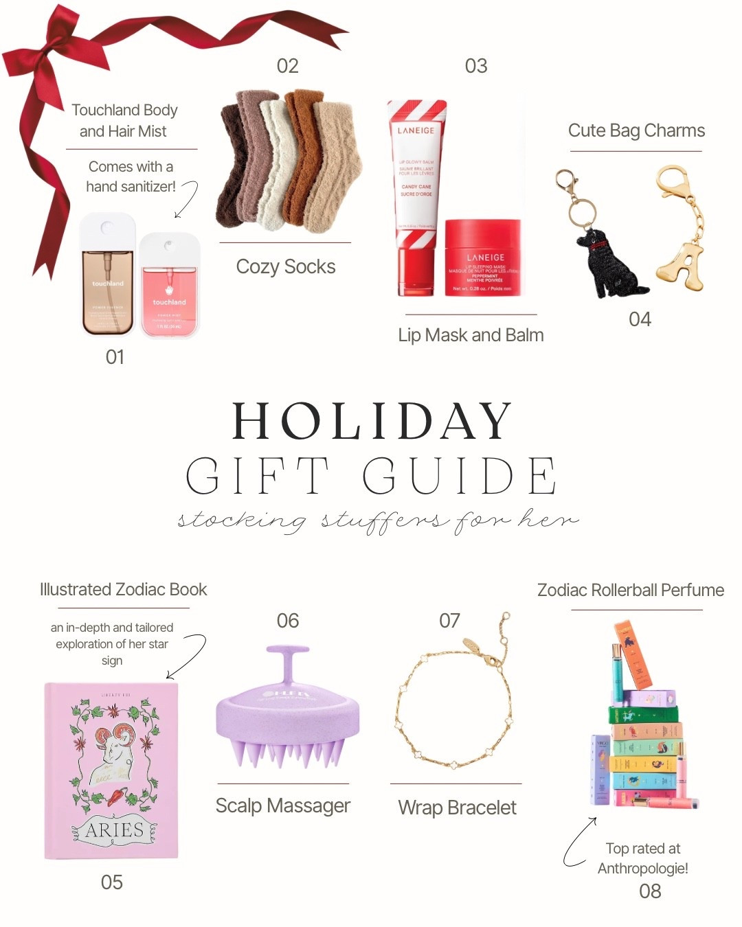 A soft and cozy roundup of stocking stuffers she’ll love—Touchland mists, plush socks, Laneige lip favorites, cute bag charms, colorful Zodiac books, scalp massagers, delicate bracelets, and top-rated rollerball perfumes at Anthro. Everything is small, practical, and perfect for filling a stocking or pairing into a little themed bundle. Like this post to come back to when you’re ready to shop or shop now before stuff starts to sell out! 

#LTKGiftGuide #LTKHoliday