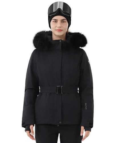 HIGH EXPERIENCE Women's Ski Jacket Snowboard Fitted Slim Belted Snow Coat Warm Winter Mountain Waterproof Windproof Insulated Hooded (US, Alpha, X-Large, Regular, Regular, Black) | Amazon (US)