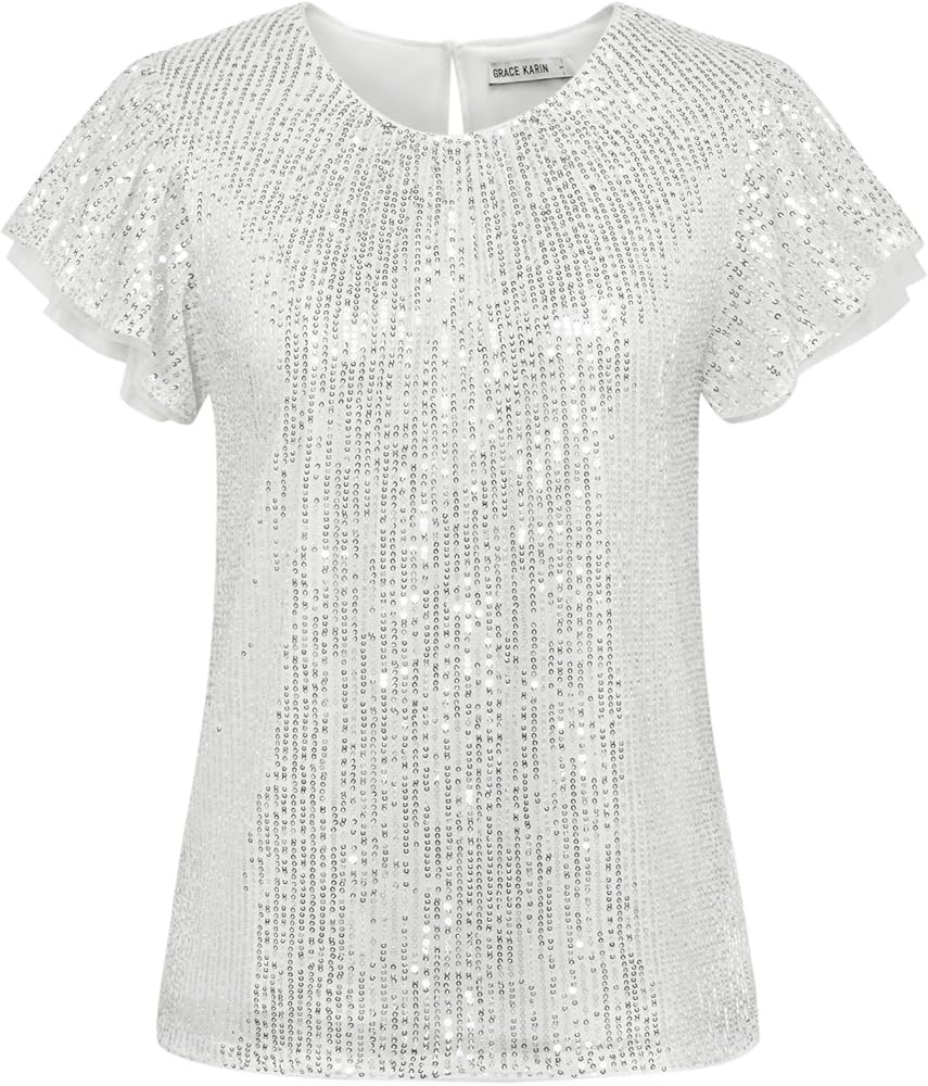 GRACE KARIN Women's Sparkly Sequin Tops Short Sleeve Glitter Dressy Blouses Round Neck Club Ruffl... | Amazon (US)